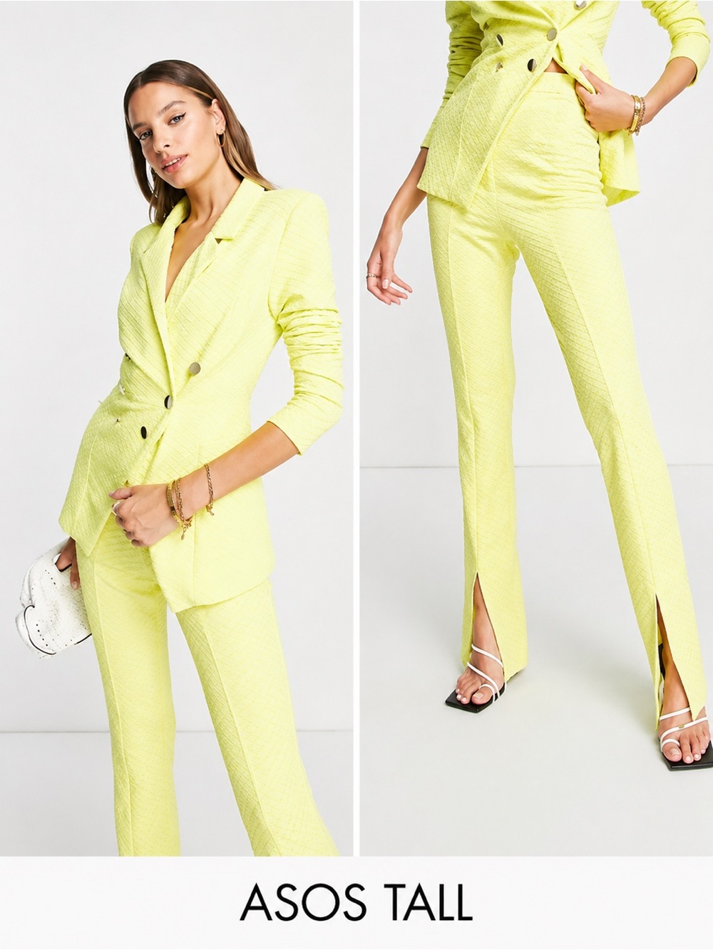 ASOS Tall Neon Yellow Textured Matching Suit Set Split Hem Pants & Blazer